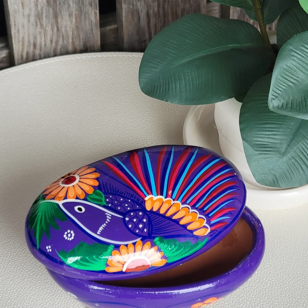 Mexican Folk Art Hand-Painted Oval Trinket Box Purple Bird